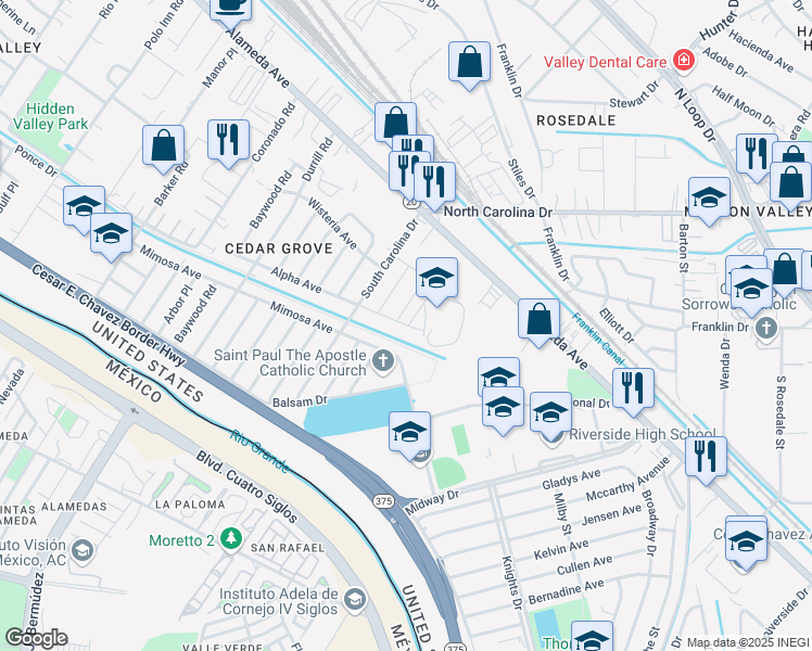 map of restaurants, bars, coffee shops, grocery stores, and more near 7500 Alpha Avenue in El Paso