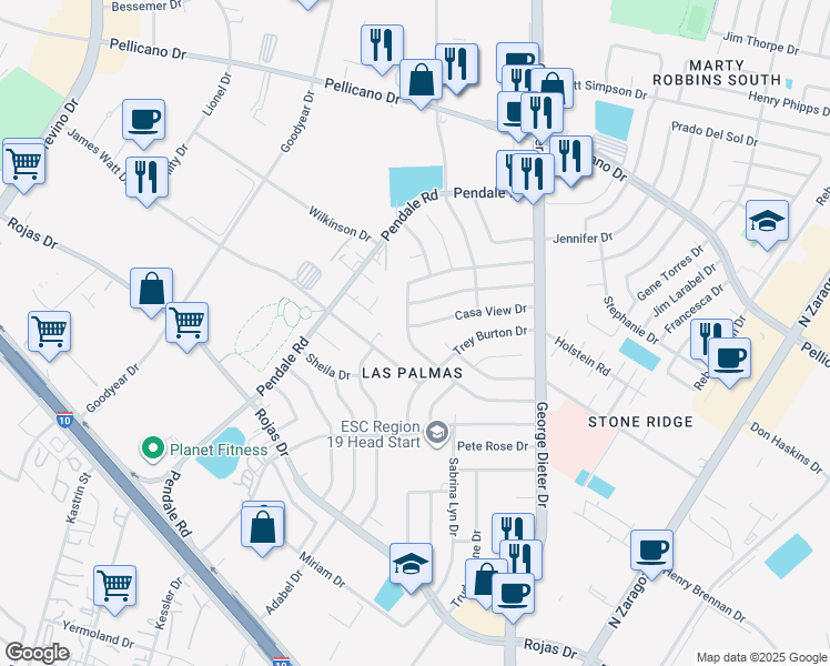 map of restaurants, bars, coffee shops, grocery stores, and more near 11600 Casa View Drive in El Paso