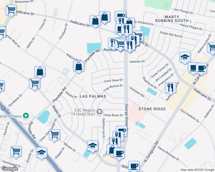 map of restaurants, bars, coffee shops, grocery stores, and more near 11628 Casa View Drive in El Paso