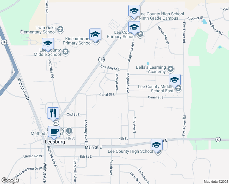 map of restaurants, bars, coffee shops, grocery stores, and more near 147 Canal Street East in Leesburg