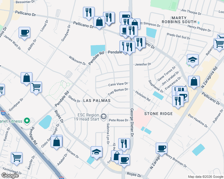 map of restaurants, bars, coffee shops, grocery stores, and more near 11628 Casa View Drive in El Paso