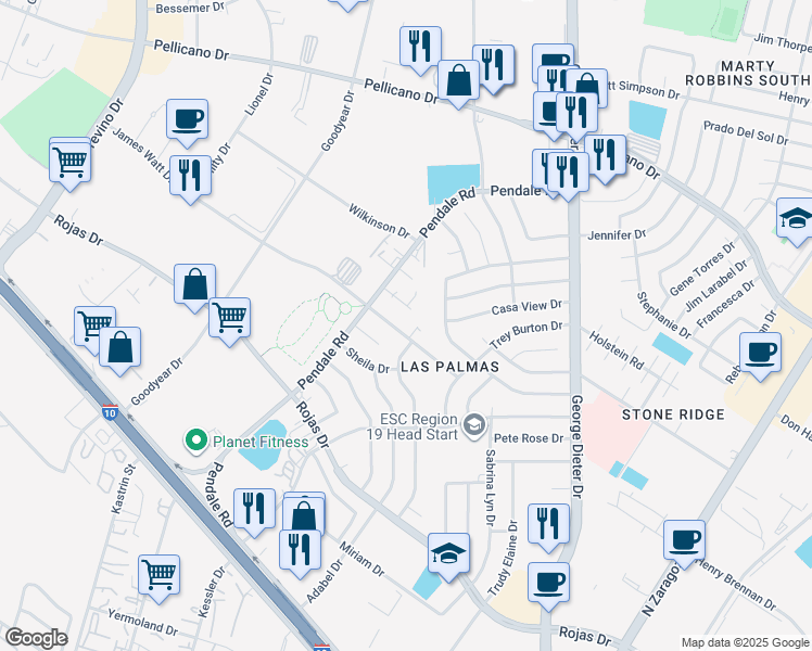 map of restaurants, bars, coffee shops, grocery stores, and more near 11621 James Watt Drive in El Paso