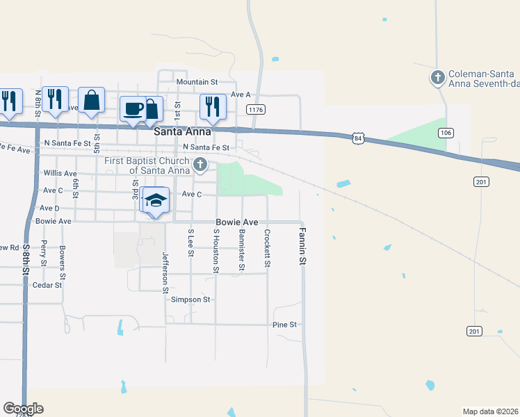 map of restaurants, bars, coffee shops, grocery stores, and more near 406 Crockett Street in Santa Anna