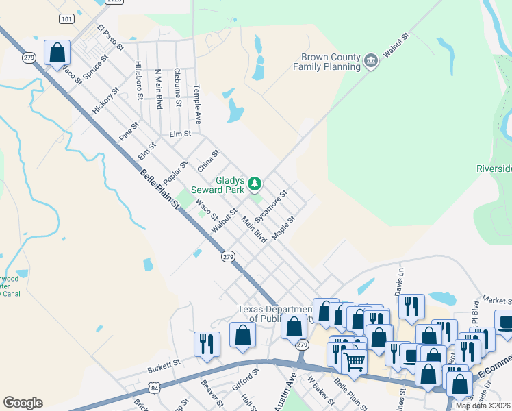 map of restaurants, bars, coffee shops, grocery stores, and more near 702 Walnut Street in Brownwood