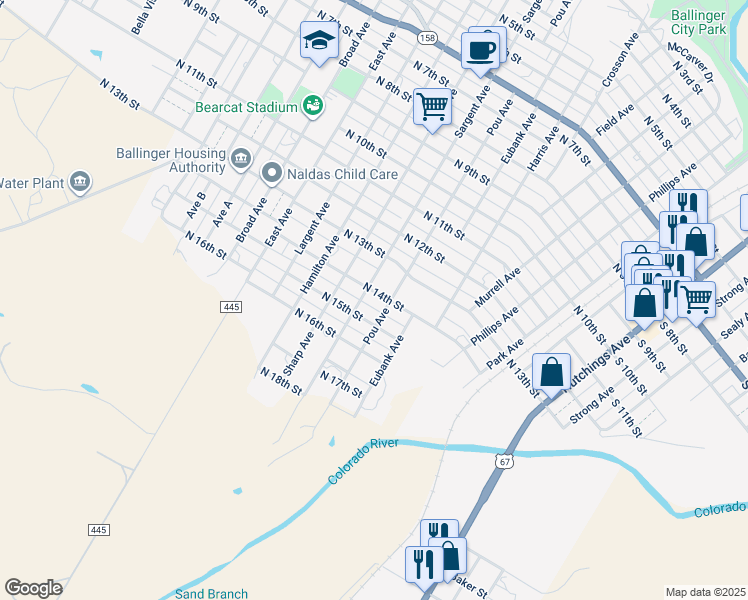 map of restaurants, bars, coffee shops, grocery stores, and more near 708 North 14th Street in Ballinger