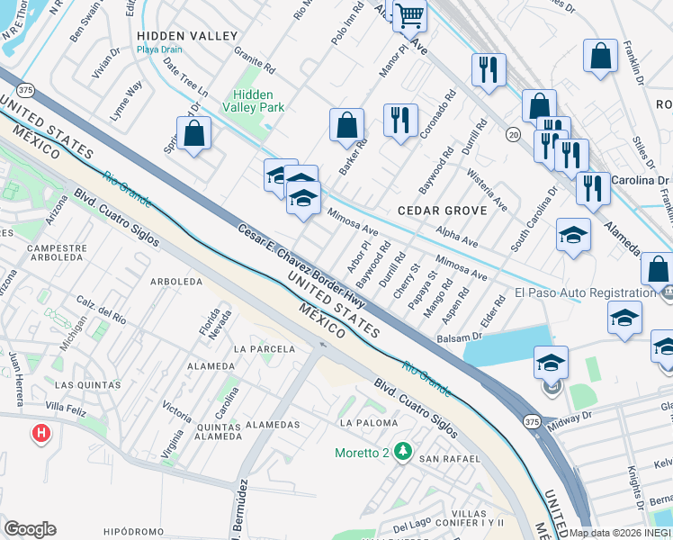 map of restaurants, bars, coffee shops, grocery stores, and more near 219 Arbor Place in El Paso