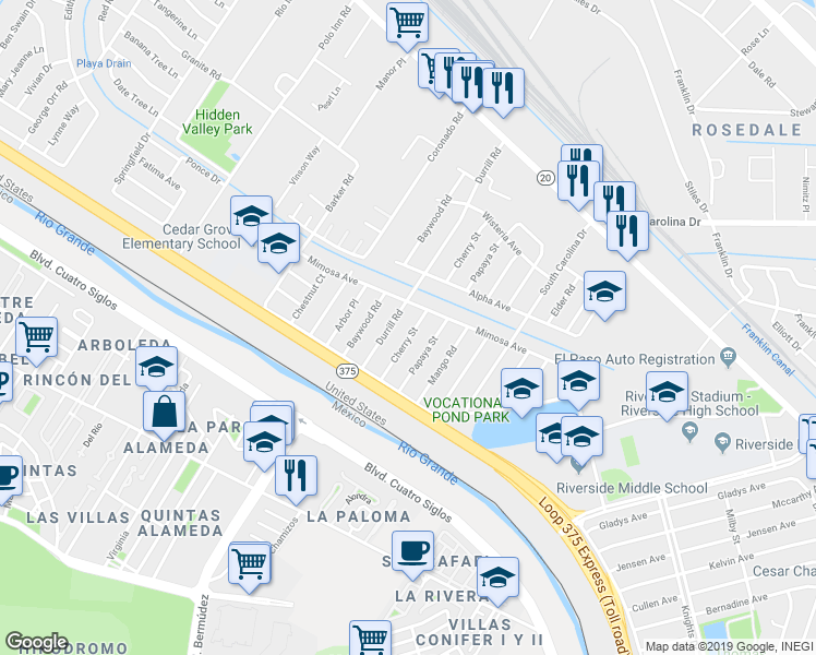 map of restaurants, bars, coffee shops, grocery stores, and more near 203 Cherry Street in El Paso