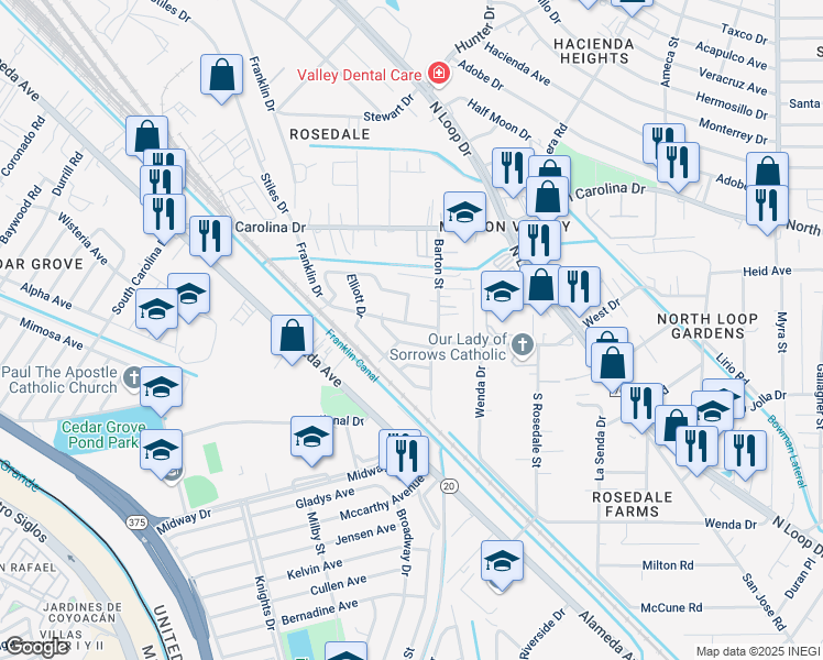 map of restaurants, bars, coffee shops, grocery stores, and more near 7662 Franklin Drive in El Paso