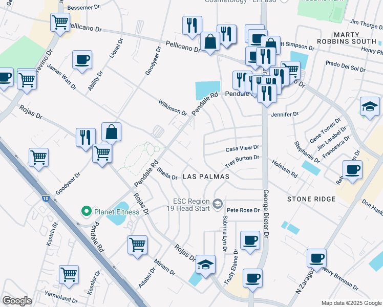 map of restaurants, bars, coffee shops, grocery stores, and more near 11624 Marsh Mccall Way in El Paso
