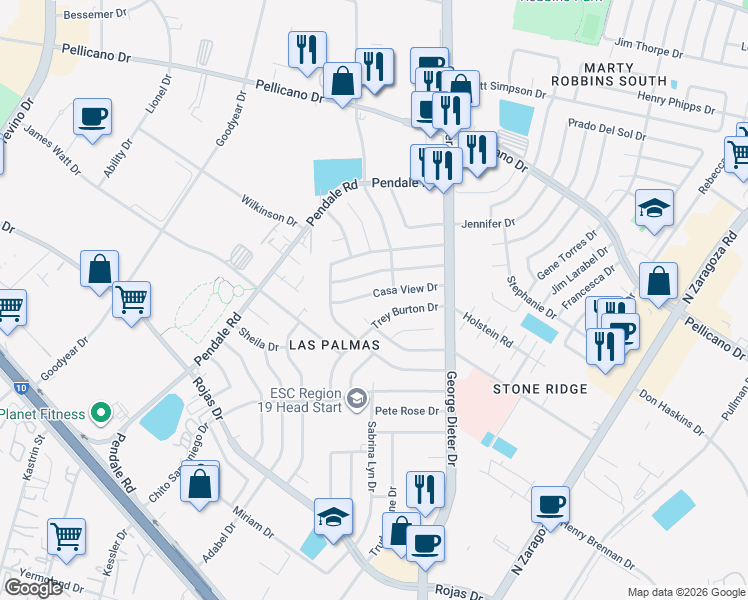map of restaurants, bars, coffee shops, grocery stores, and more near 11628 Casa View Drive in El Paso