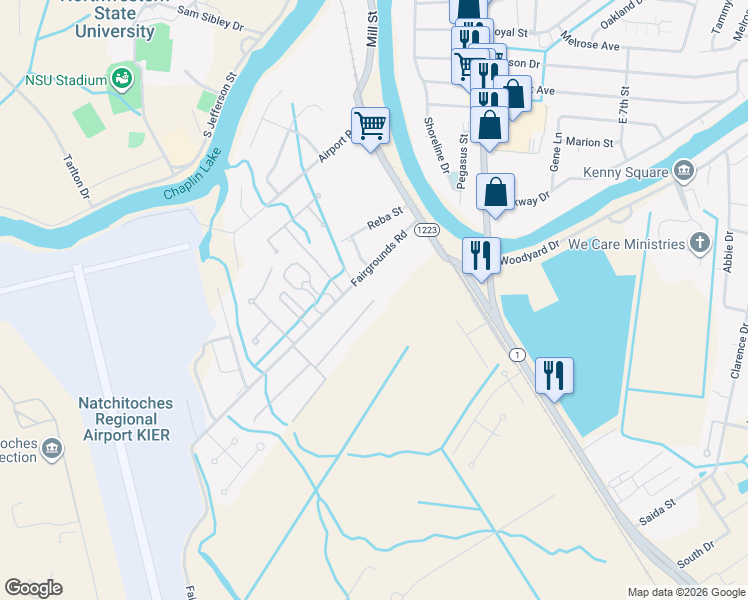 map of restaurants, bars, coffee shops, grocery stores, and more near Tjoe Street in Natchitoches