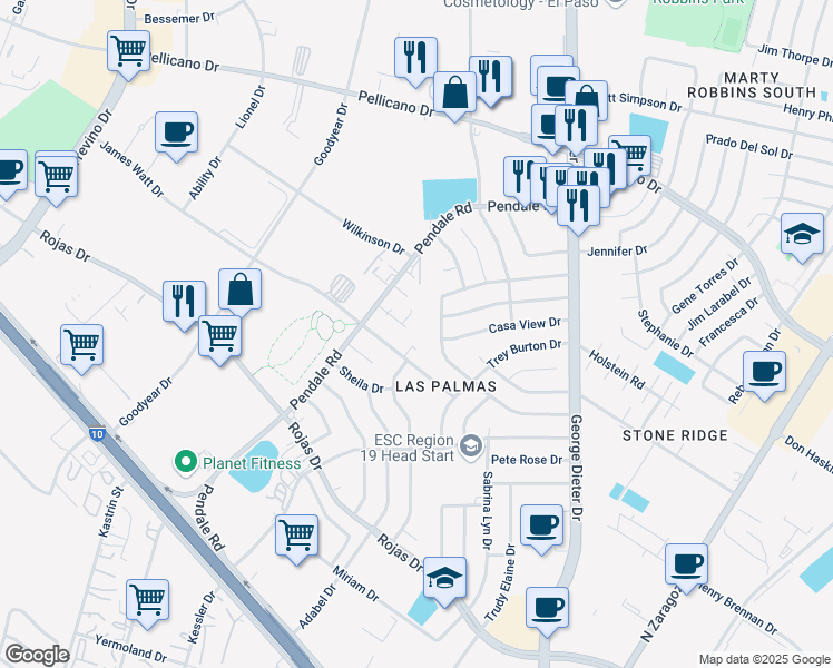 map of restaurants, bars, coffee shops, grocery stores, and more near 11624 Marsh Mccall Way in El Paso