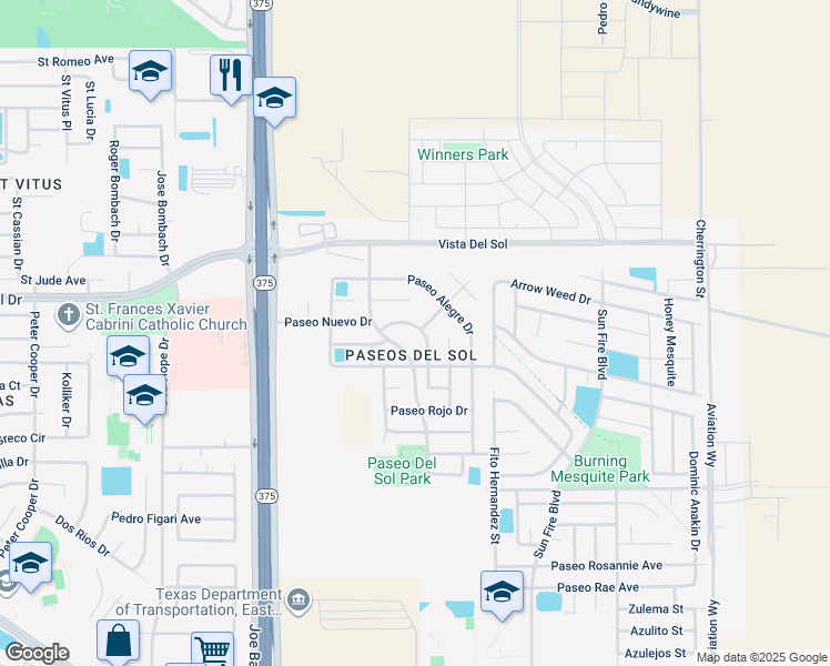 map of restaurants, bars, coffee shops, grocery stores, and more near 12434 Paseo De Arco Ct in El Paso