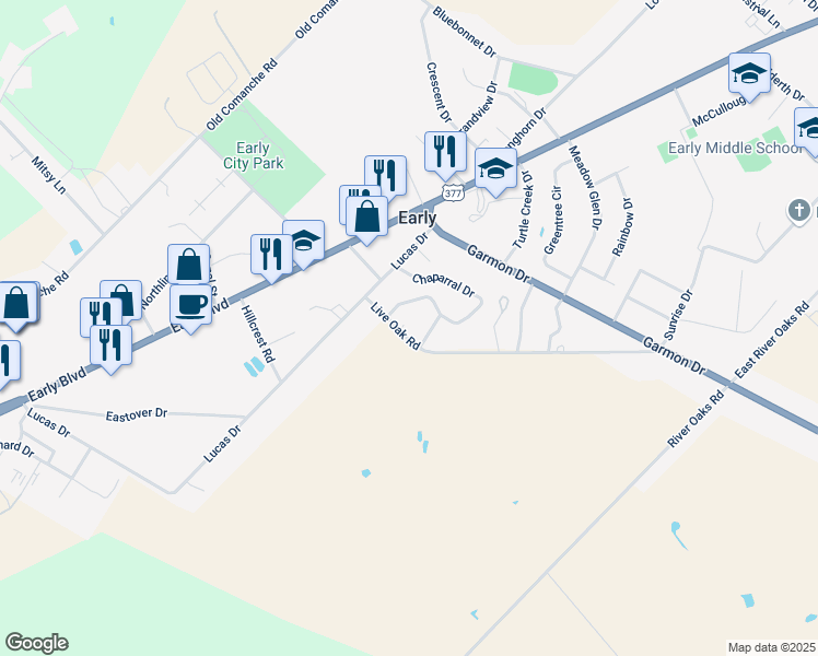 map of restaurants, bars, coffee shops, grocery stores, and more near 208 Live Oak Road in Early