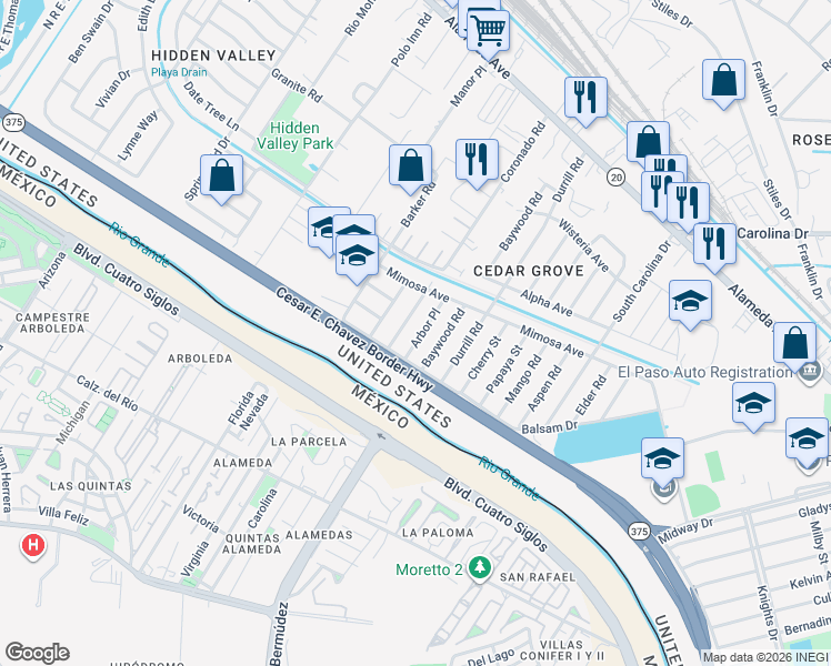 map of restaurants, bars, coffee shops, grocery stores, and more near 219 Arbor Pl in El Paso