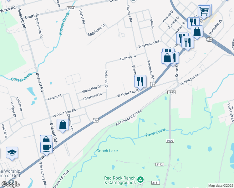 map of restaurants, bars, coffee shops, grocery stores, and more near 417 West Point Tap Road in Palestine