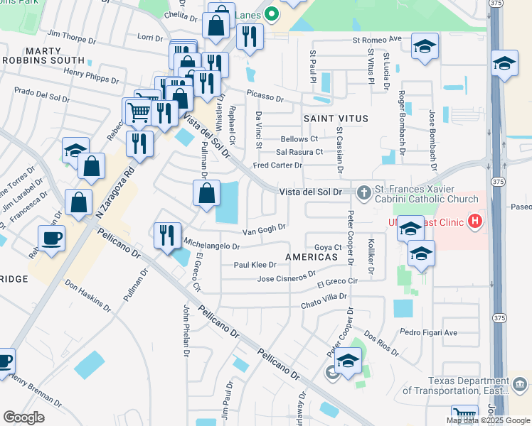 map of restaurants, bars, coffee shops, grocery stores, and more near 1571 Cezanne Circle in El Paso