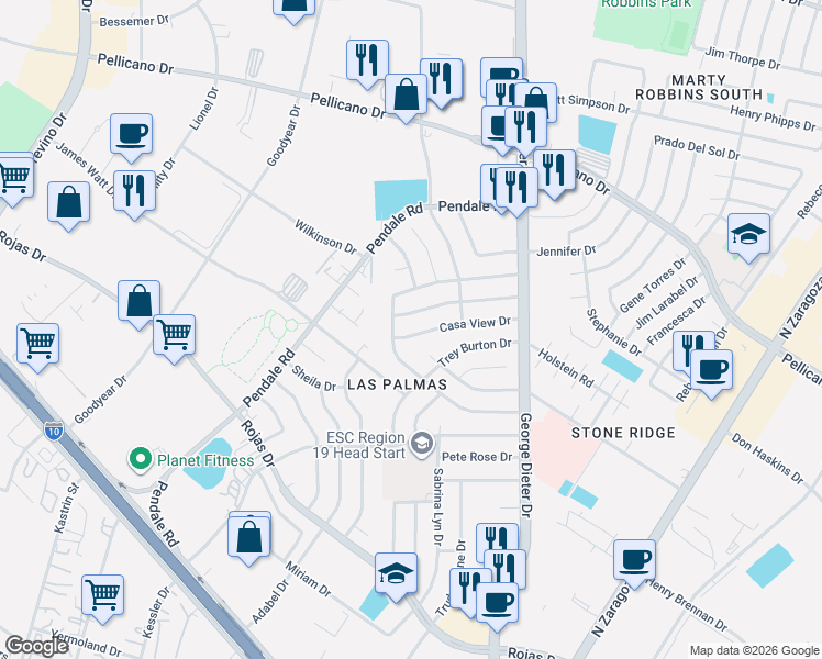 map of restaurants, bars, coffee shops, grocery stores, and more near 11605 Casa View Drive in El Paso
