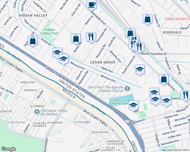 map of restaurants, bars, coffee shops, grocery stores, and more near 203 Cherry Street in El Paso
