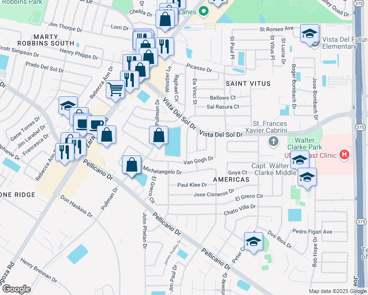 map of restaurants, bars, coffee shops, grocery stores, and more near 1525 Peter Hurd Drive in El Paso