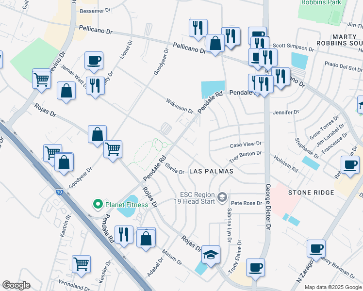 map of restaurants, bars, coffee shops, grocery stores, and more near 11602 James Watt Drive in El Paso