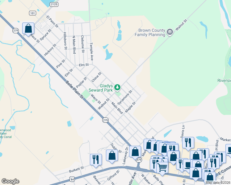 map of restaurants, bars, coffee shops, grocery stores, and more near 702 Walnut Street in Brownwood