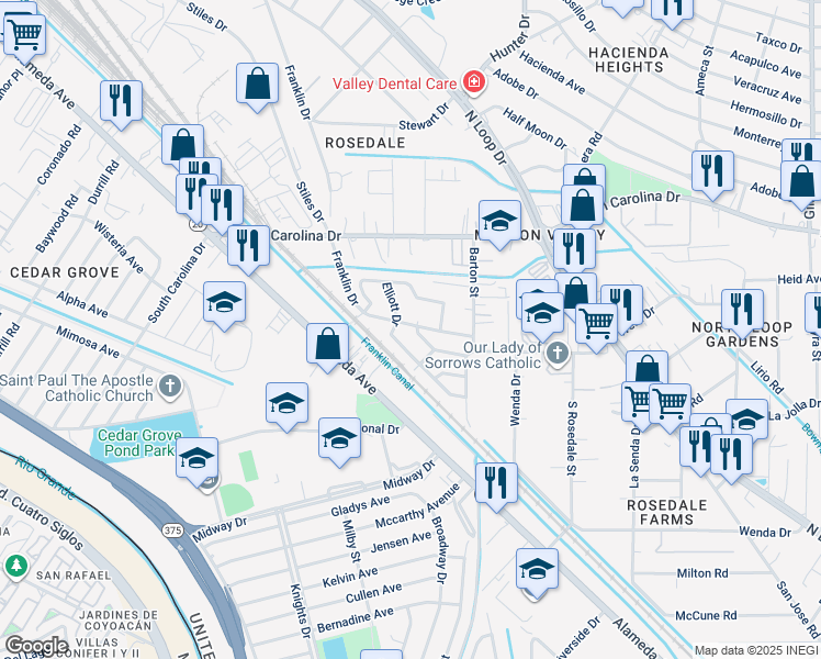 map of restaurants, bars, coffee shops, grocery stores, and more near 7600 Franklin Loop in El Paso