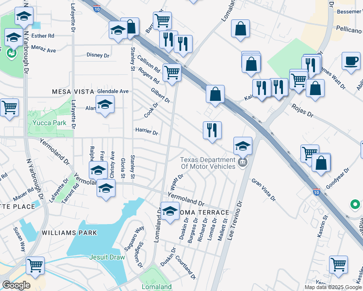 map of restaurants, bars, coffee shops, grocery stores, and more near 1100 Doyle Place in El Paso