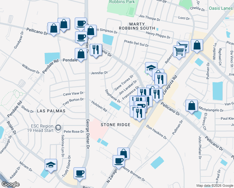 map of restaurants, bars, coffee shops, grocery stores, and more near 1437 Jim Larabel Drive in El Paso