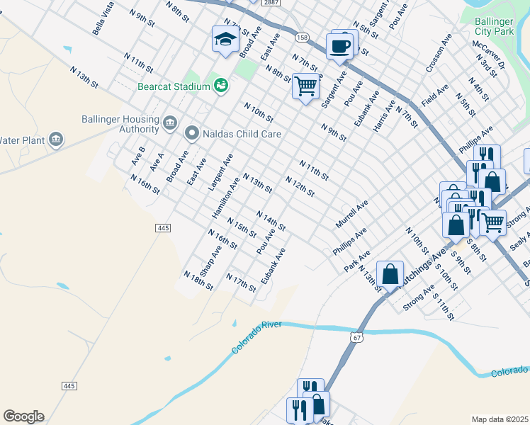 map of restaurants, bars, coffee shops, grocery stores, and more near 708 North 14th Street in Ballinger