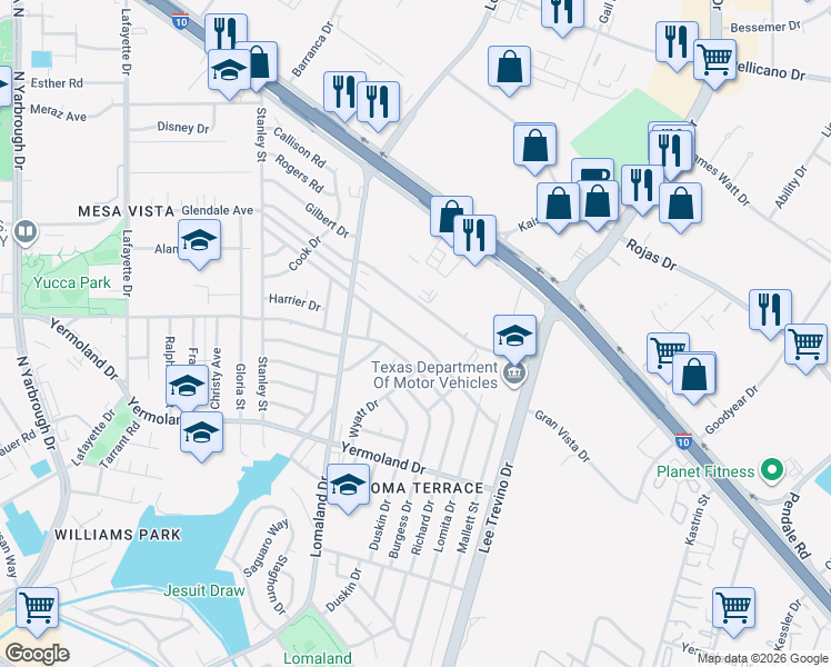 map of restaurants, bars, coffee shops, grocery stores, and more near 8301 Loma Terrace Road in El Paso