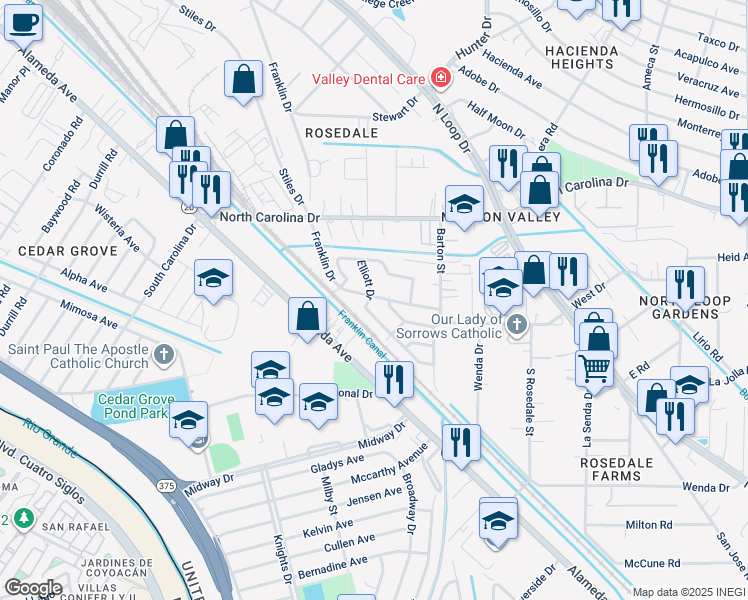 map of restaurants, bars, coffee shops, grocery stores, and more near 7600 Franklin Loop in El Paso