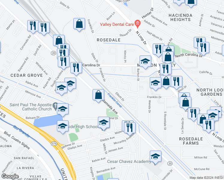 map of restaurants, bars, coffee shops, grocery stores, and more near 7601 Franklin Drive in El Paso