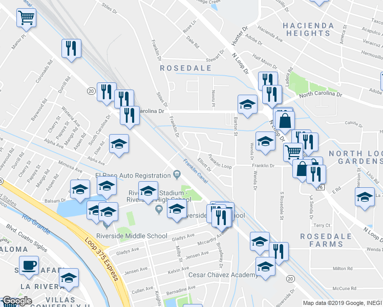 map of restaurants, bars, coffee shops, grocery stores, and more near 7601 Franklin Drive in El Paso