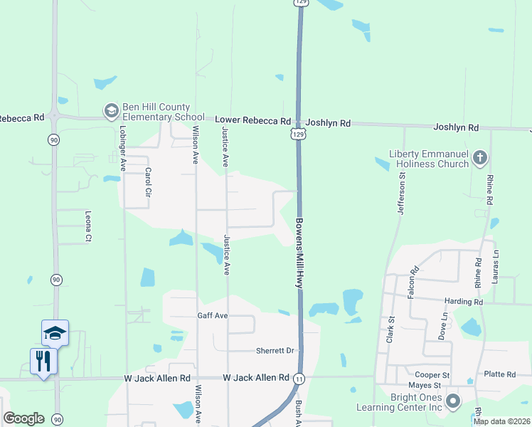 map of restaurants, bars, coffee shops, grocery stores, and more near 119 Lisa Lane in Fitzgerald