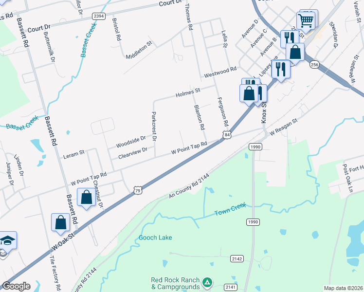 map of restaurants, bars, coffee shops, grocery stores, and more near 312-398 West Point Tap Road in Palestine