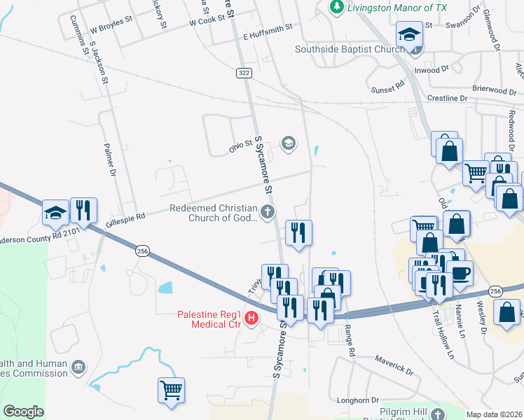 map of restaurants, bars, coffee shops, grocery stores, and more near 1817 Farm to Market Road 322 in Palestine