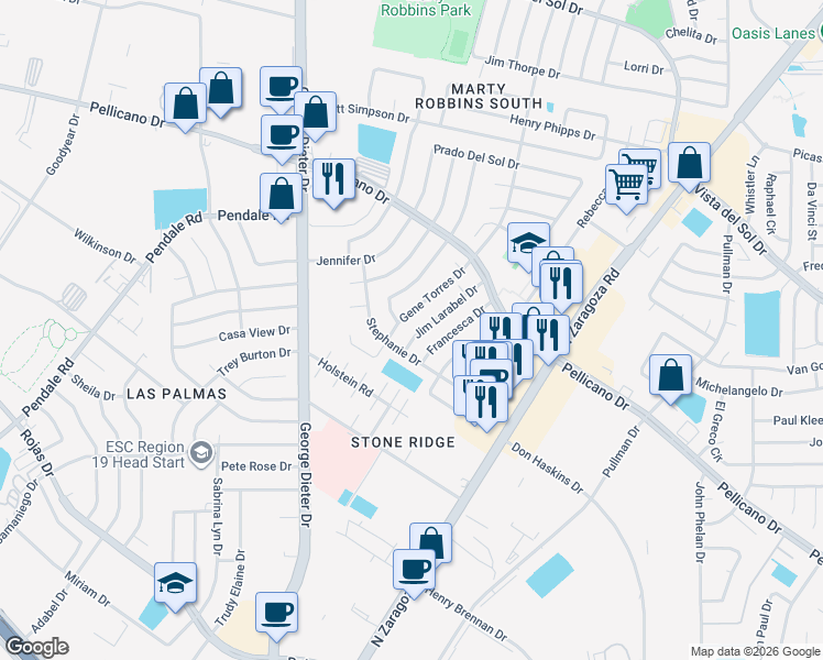 map of restaurants, bars, coffee shops, grocery stores, and more near 1437 Jim Larabel Drive in El Paso