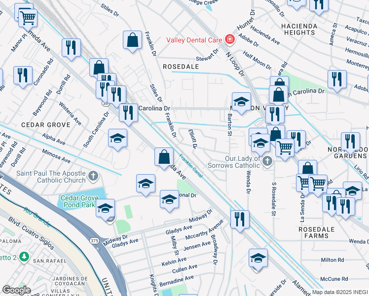 map of restaurants, bars, coffee shops, grocery stores, and more near 7601 Franklin Drive in El Paso