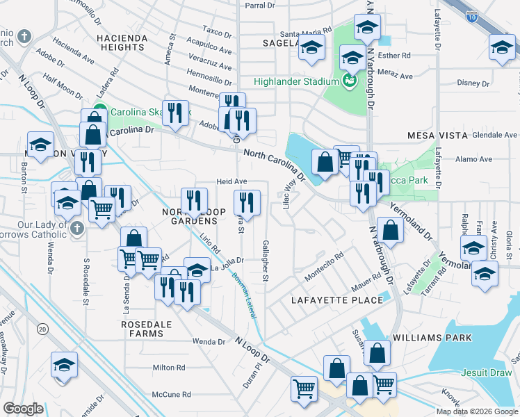 map of restaurants, bars, coffee shops, grocery stores, and more near 565 Gallagher Street in El Paso