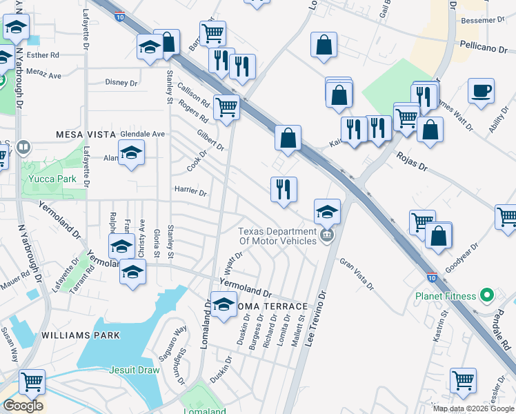 map of restaurants, bars, coffee shops, grocery stores, and more near 8301 Loma Terrace Road in El Paso