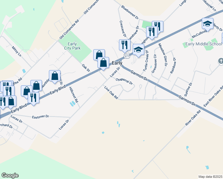 map of restaurants, bars, coffee shops, grocery stores, and more near 208 Live Oak Road in Early