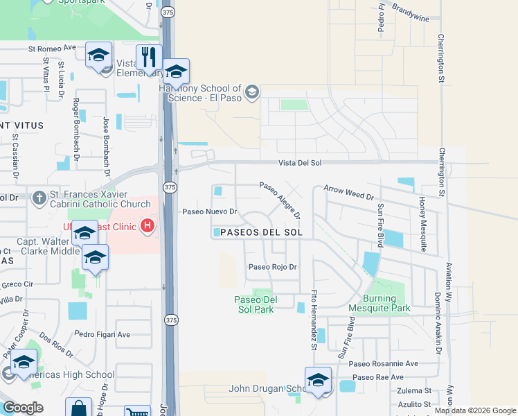 map of restaurants, bars, coffee shops, grocery stores, and more near 12434 Paseo De Arco Court in El Paso