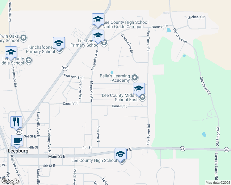 map of restaurants, bars, coffee shops, grocery stores, and more near 134 Katie Lynn Street East in Leesburg