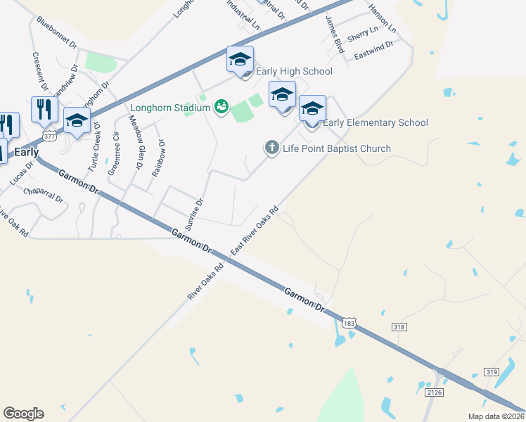 map of restaurants, bars, coffee shops, grocery stores, and more near 119 East River Oaks Road in Early