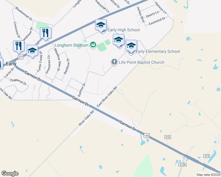 map of restaurants, bars, coffee shops, grocery stores, and more near 119 East River Oaks Road in Early