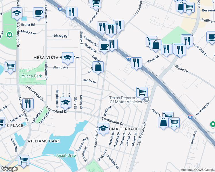 map of restaurants, bars, coffee shops, grocery stores, and more near 1100 Doyle Place in El Paso