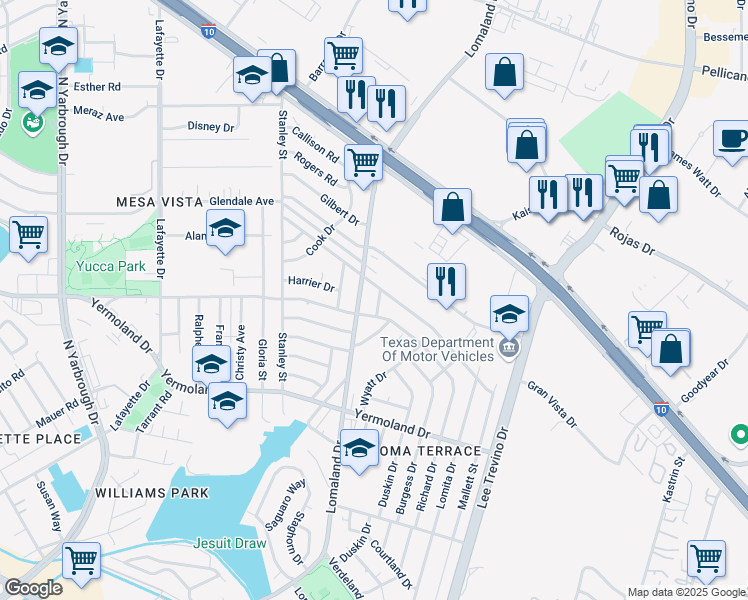 map of restaurants, bars, coffee shops, grocery stores, and more near 1100 Doyle Place in El Paso