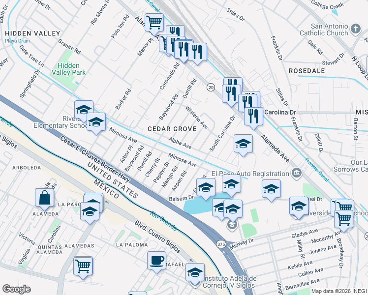 map of restaurants, bars, coffee shops, grocery stores, and more near 7371 Mimosa Avenue in El Paso