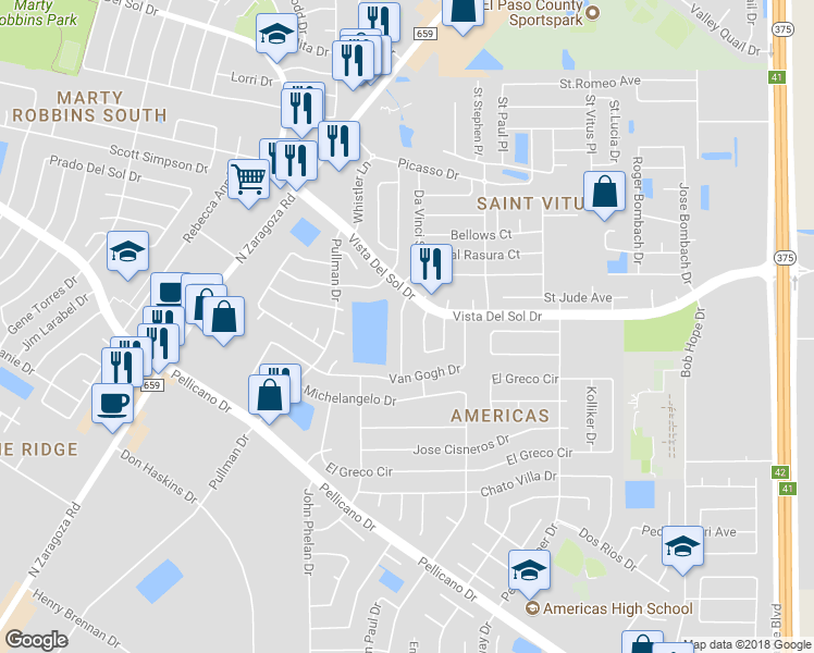 map of restaurants, bars, coffee shops, grocery stores, and more near 1542 Peter Hurd Drive in El Paso